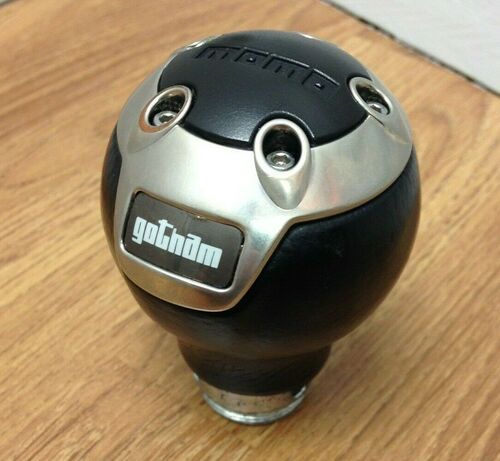 Genuine Momo black leather gear knob stick shift with silver trim. Gotham. 13B1